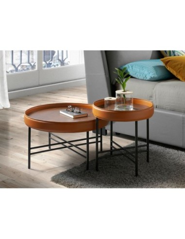 Mesa centro redonda polipiel, nogal y acero negro