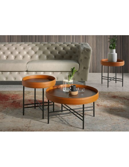 Mesa centro redonda polipiel, nogal y acero negro