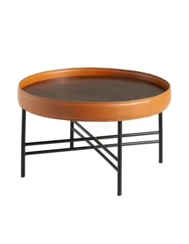 Mesa centro redonda polipiel, nogal y acero negro