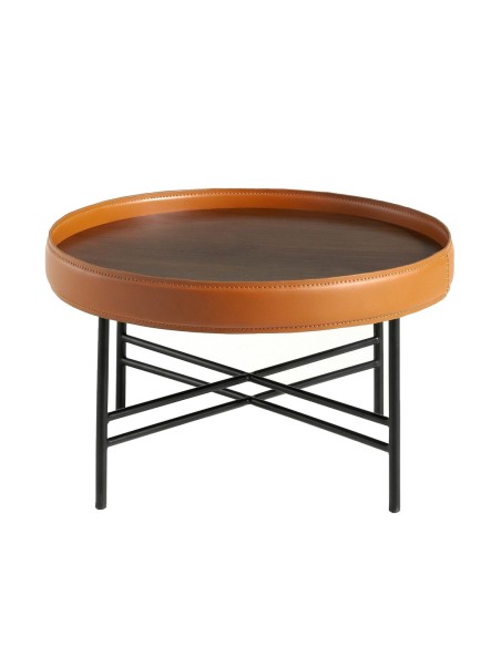 Mesa centro redonda polipiel, nogal y acero negro