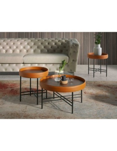 Mesa centro redonda polipiel, nogal y acero negro