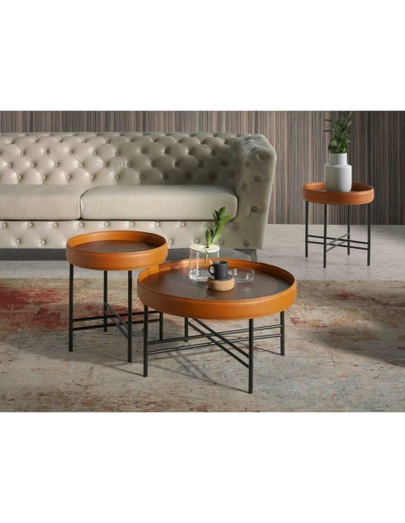 Mesa centro redonda polipiel, nogal y acero negro