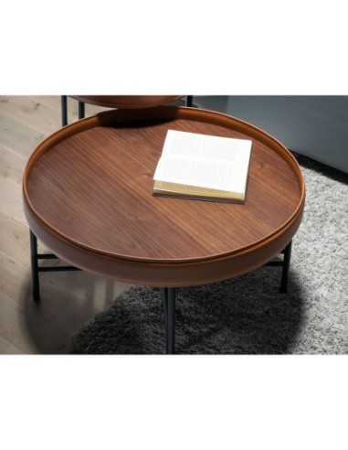 Mesa centro redonda polipiel, nogal y acero negro