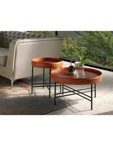 Mesa centro redonda polipiel, nogal y acero negro