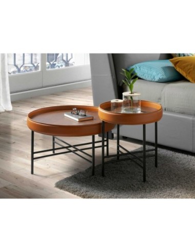 Mesa centro redonda polipiel, nogal y acero negro