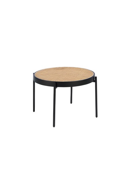 Mesa centro redonda rattan, madera negra y acero negro