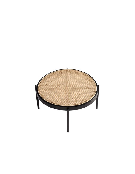 Mesa centro redonda rattan, madera negra y acero negro