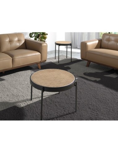 Mesa centro redonda rattan, madera negra y...