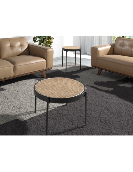 Mesa centro redonda rattan, madera negra y acero negro