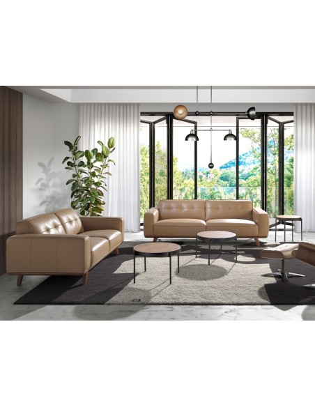 Mesa centro redonda rattan, madera negra y acero negro