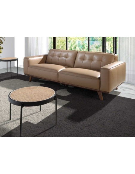 Mesa centro redonda rattan, madera negra y acero negro