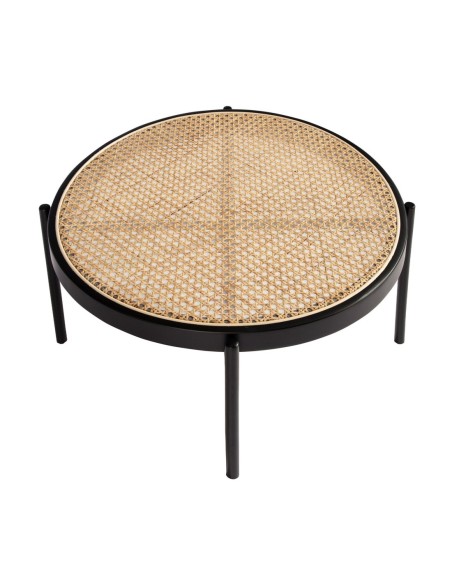 Mesa centro redonda rattan, madera negra y acero negro