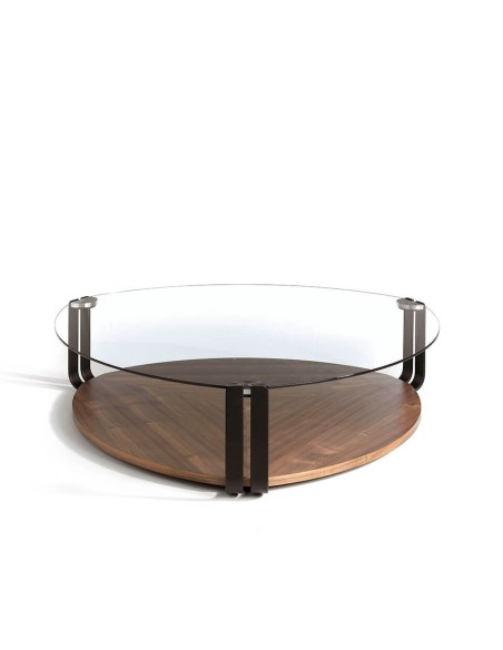 Mesa centro triangular cristal templado, acero negro y nogal