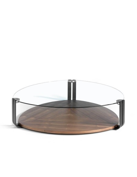 Mesa centro triangular cristal templado, acero negro y nogal