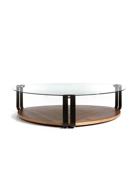 Mesa centro triangular cristal templado, acero negro y nogal