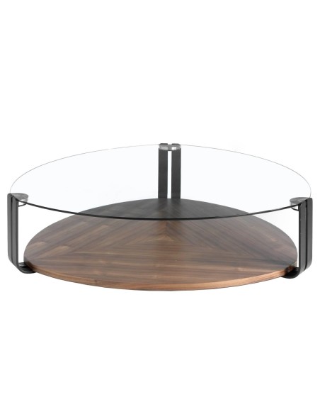 Mesa centro triangular cristal templado, acero negro y nogal