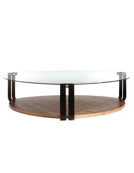 Mesa centro triangular cristal templado, acero negro y nogal