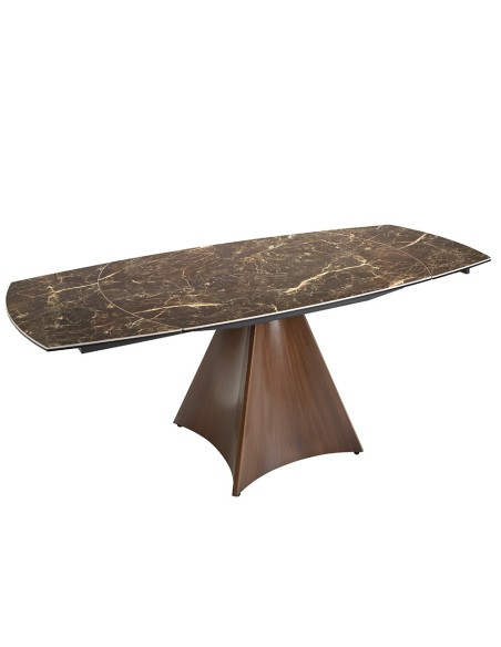 Mesa comedor extensible ovalada barril mármol porcelánico y acero efecto nogal