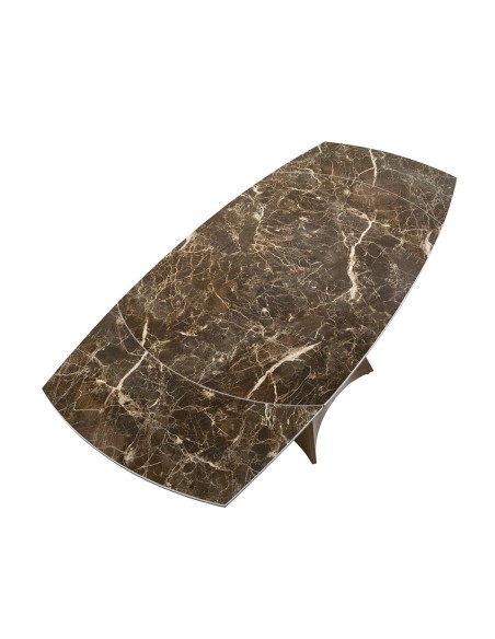 Mesa comedor extensible ovalada barril mármol porcelánico y acero efecto nogal