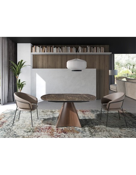 Mesa comedor extensible ovalada barril mármol porcelánico y acero efecto nogal