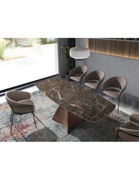 Mesa comedor extensible ovalada barril mármol porcelánico y acero efecto nogal