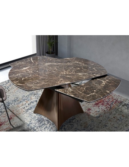 Mesa comedor extensible ovalada barril mármol porcelánico y acero efecto nogal