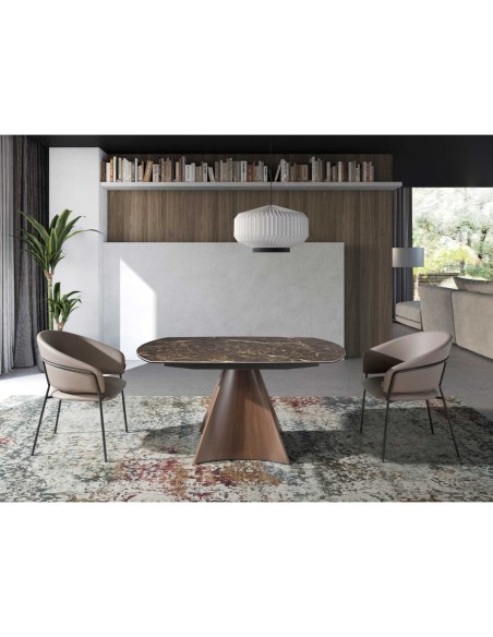 Mesa comedor extensible ovalada barril mármol porcelánico y acero efecto nogal