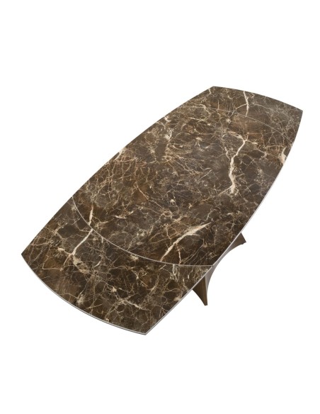 Mesa comedor extensible ovalada barril mármol porcelánico y acero efecto nogal