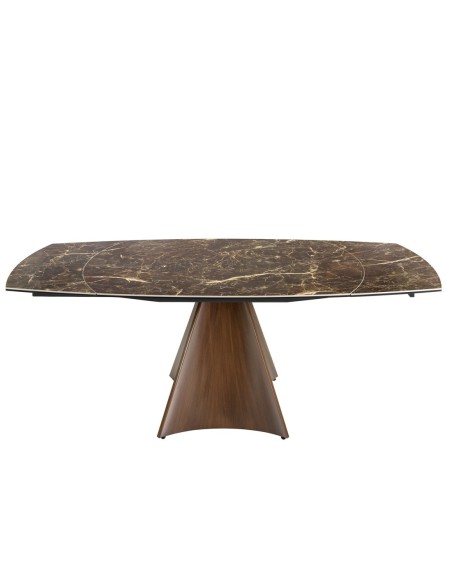 Mesa comedor extensible ovalada barril mármol porcelánico y acero efecto nogal
