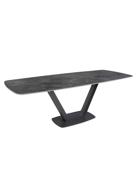 Mesa comedor extensible ovalada barril mármol porcelánico y acero negro