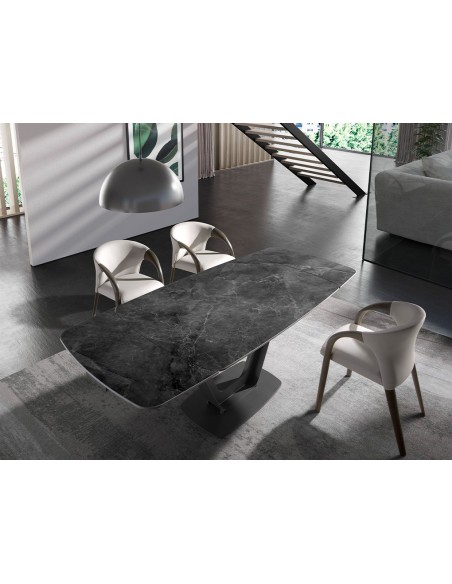 Mesa comedor extensible ovalada barril mármol porcelánico y acero negro
