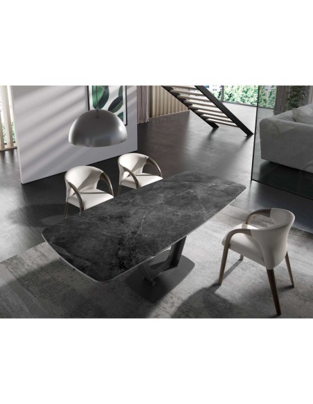 Mesa comedor extensible ovalada barril mármol porcelánico y acero negro