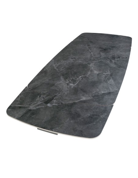 Mesa comedor extensible ovalada barril mármol porcelánico y acero negro