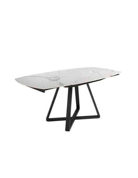 Mesa comedor extensible ovalada barril mármol porcelánico y acero negro