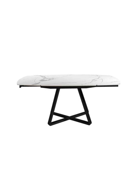 Mesa comedor extensible ovalada barril mármol porcelánico y acero negro