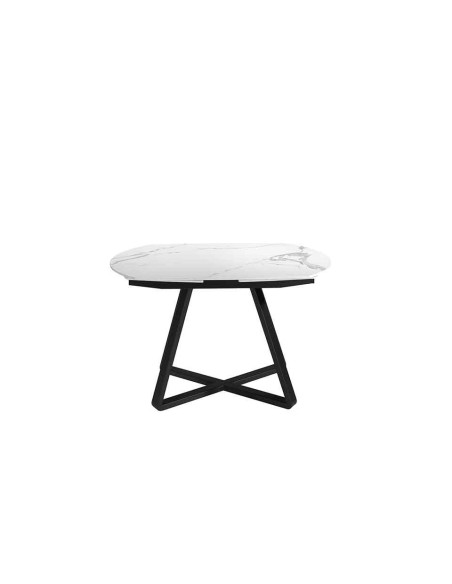 Mesa comedor extensible ovalada barril mármol porcelánico y acero negro