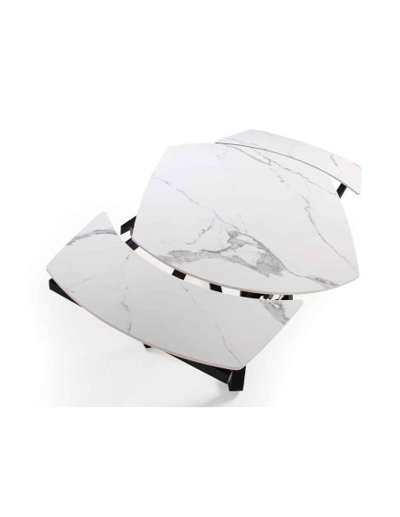 Mesa comedor extensible ovalada barril mármol porcelánico y acero negro