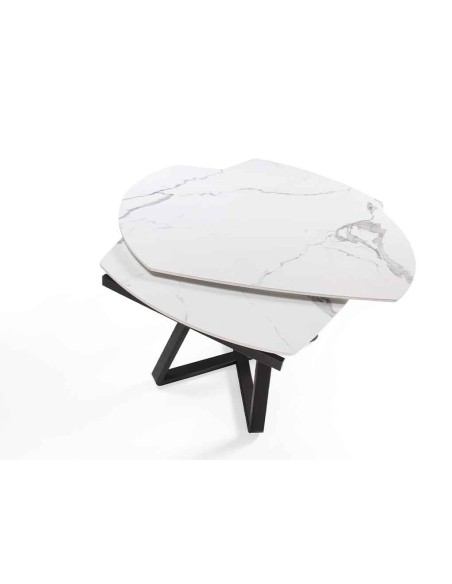 Mesa comedor extensible ovalada barril mármol porcelánico y acero negro