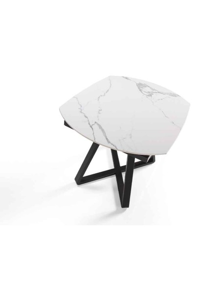 Mesa comedor extensible ovalada barril mármol porcelánico y acero negro