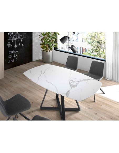 Mesa comedor extensible ovalada barril mármol porcelánico y acero negro