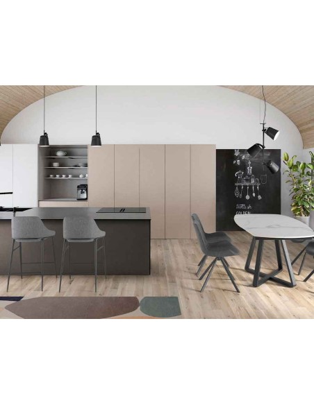 Mesa comedor extensible ovalada barril mármol porcelánico y acero negro