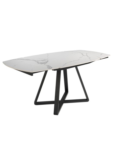 Mesa comedor extensible ovalada barril mármol porcelánico y acero negro