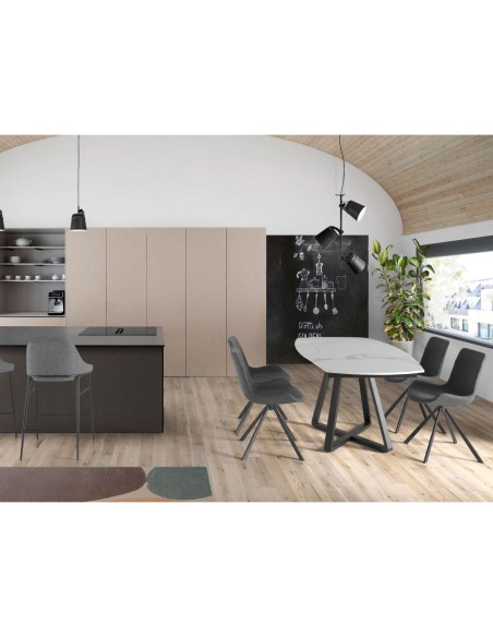 Mesa comedor extensible ovalada barril mármol porcelánico y acero negro