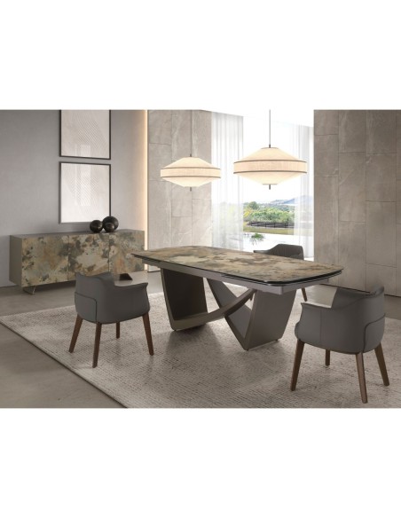 Mesa comedor extensible ovalada barril mármol porcelánico y acero taupé metalizado