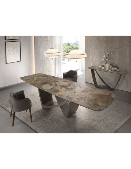Mesa comedor extensible ovalada barril mármol porcelánico y acero taupé metalizado