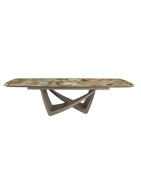 Mesa comedor extensible ovalada barril mármol porcelánico y acero taupé metalizado