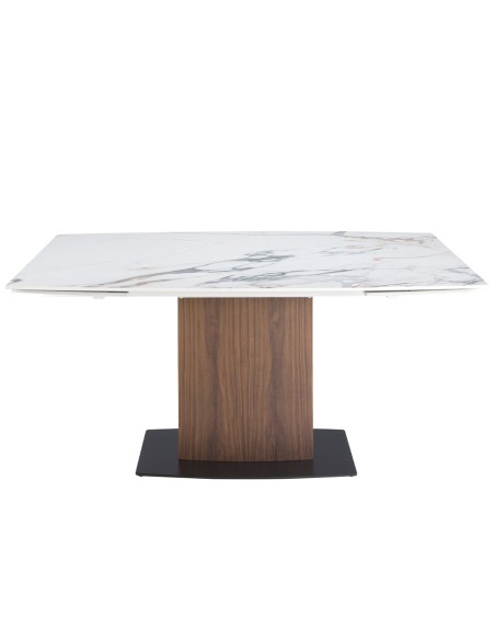 Mesa comedor extensible ovalada barril mármol porcelánico y nogal