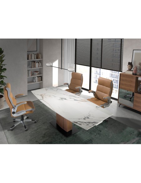 Mesa comedor extensible ovalada barril mármol porcelánico y nogal