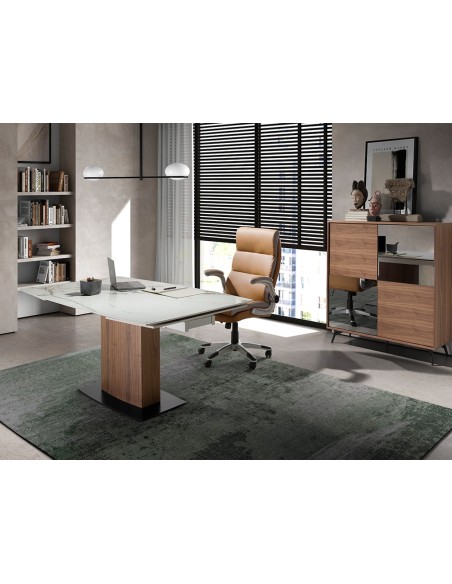 Mesa comedor extensible ovalada barril mármol porcelánico y nogal