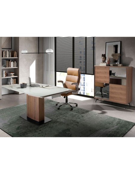 Mesa comedor extensible ovalada barril mármol porcelánico y nogal